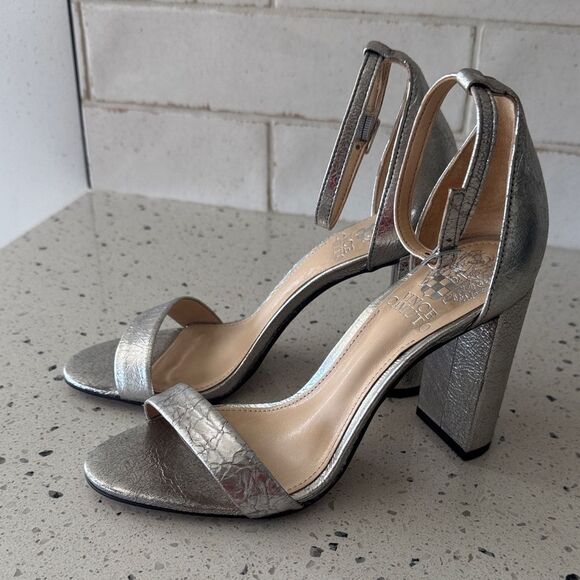 Vince Camuto MAIRANA Leather Metallic Silver Block Heel Sandals Shoes Size 5.5M - Picture 1 of 12